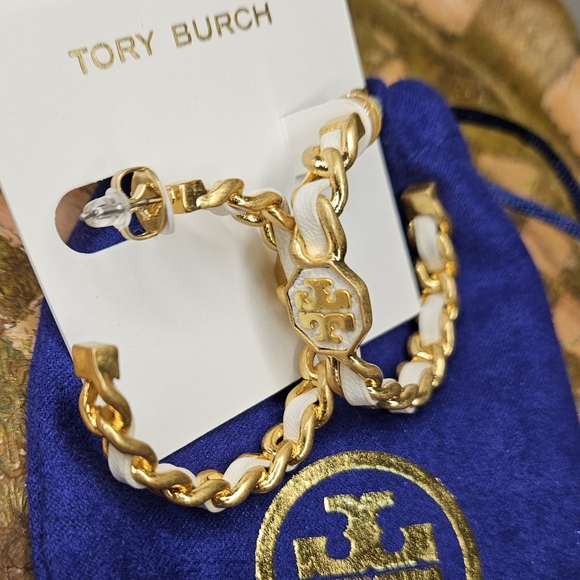 Tory Burch Jewelry - Tory Burch Gold and White Marion Woven Hoop Earrings